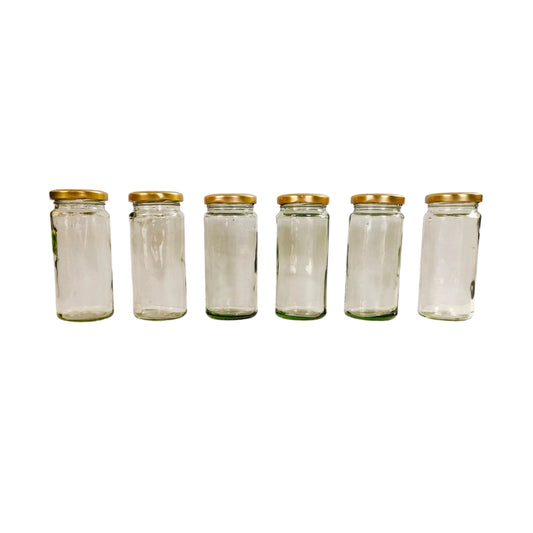 Long Glass Jars with Golden Round cap front view set of 6