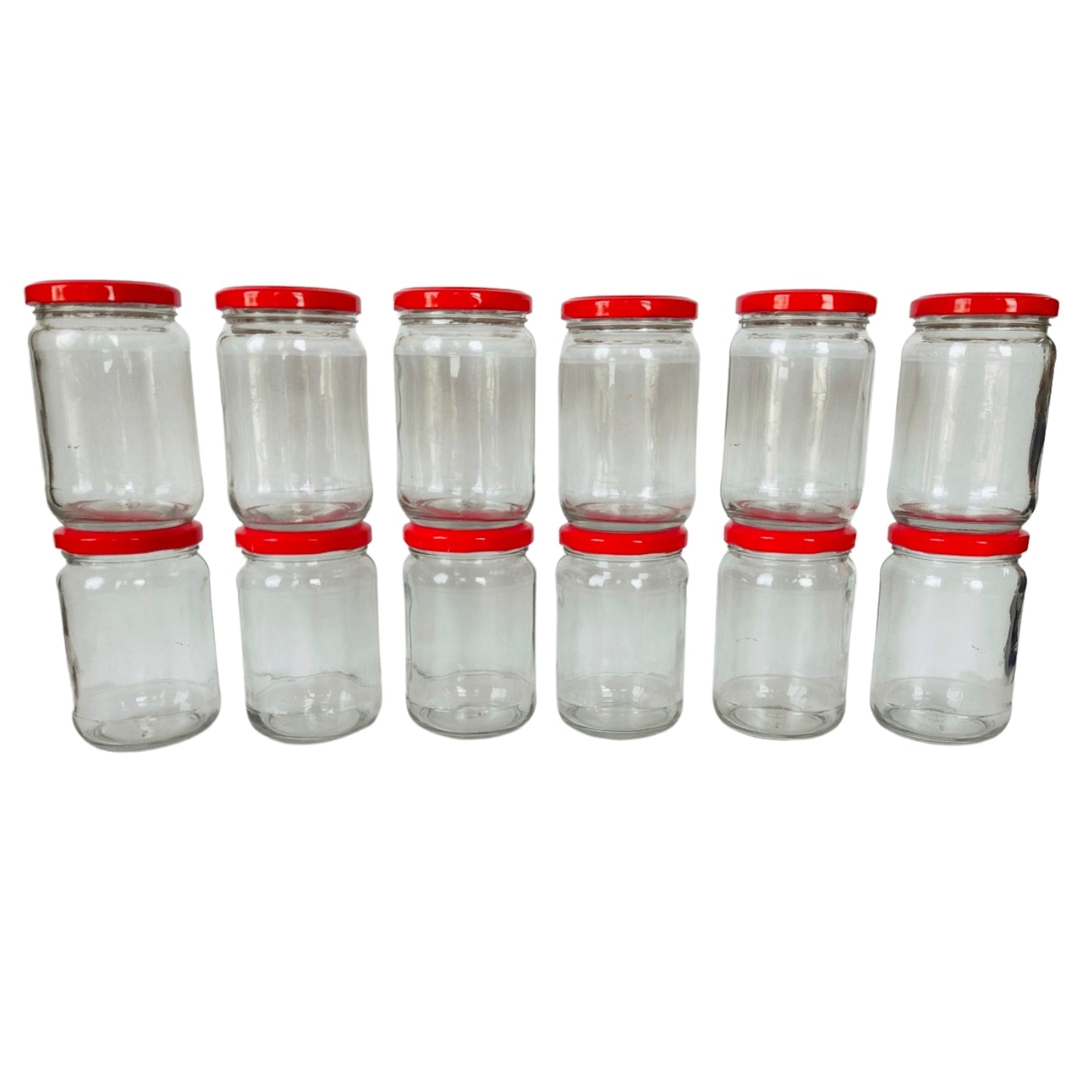 Glass Jars with Red Round cap front view set of 12