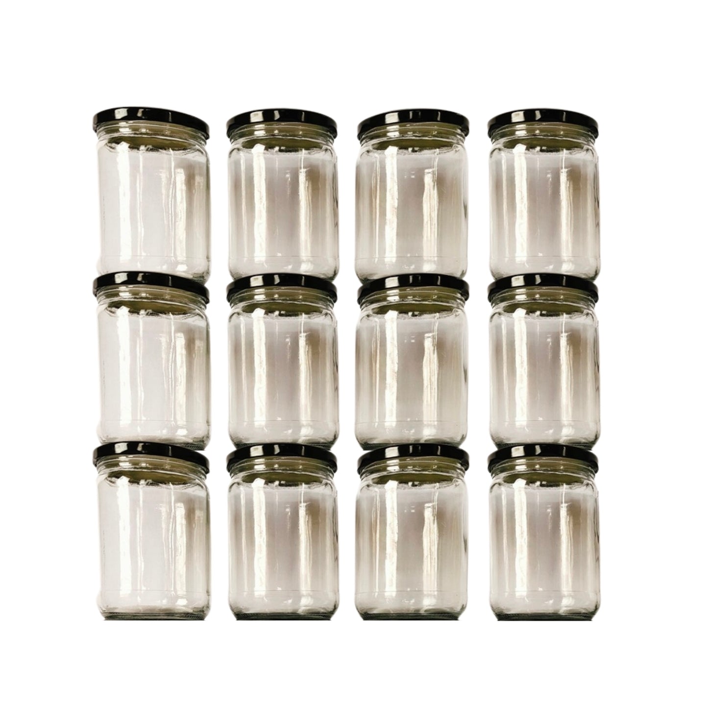 Glass Jars with Black cap front view set of 12