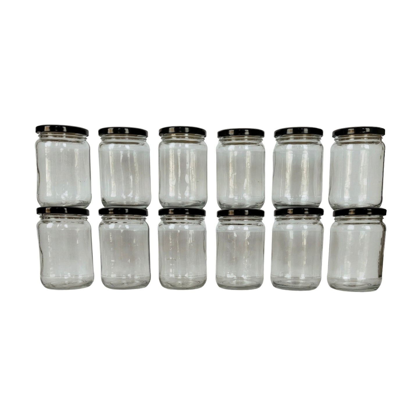 Glass Jars with Black Round cap front view set of 12