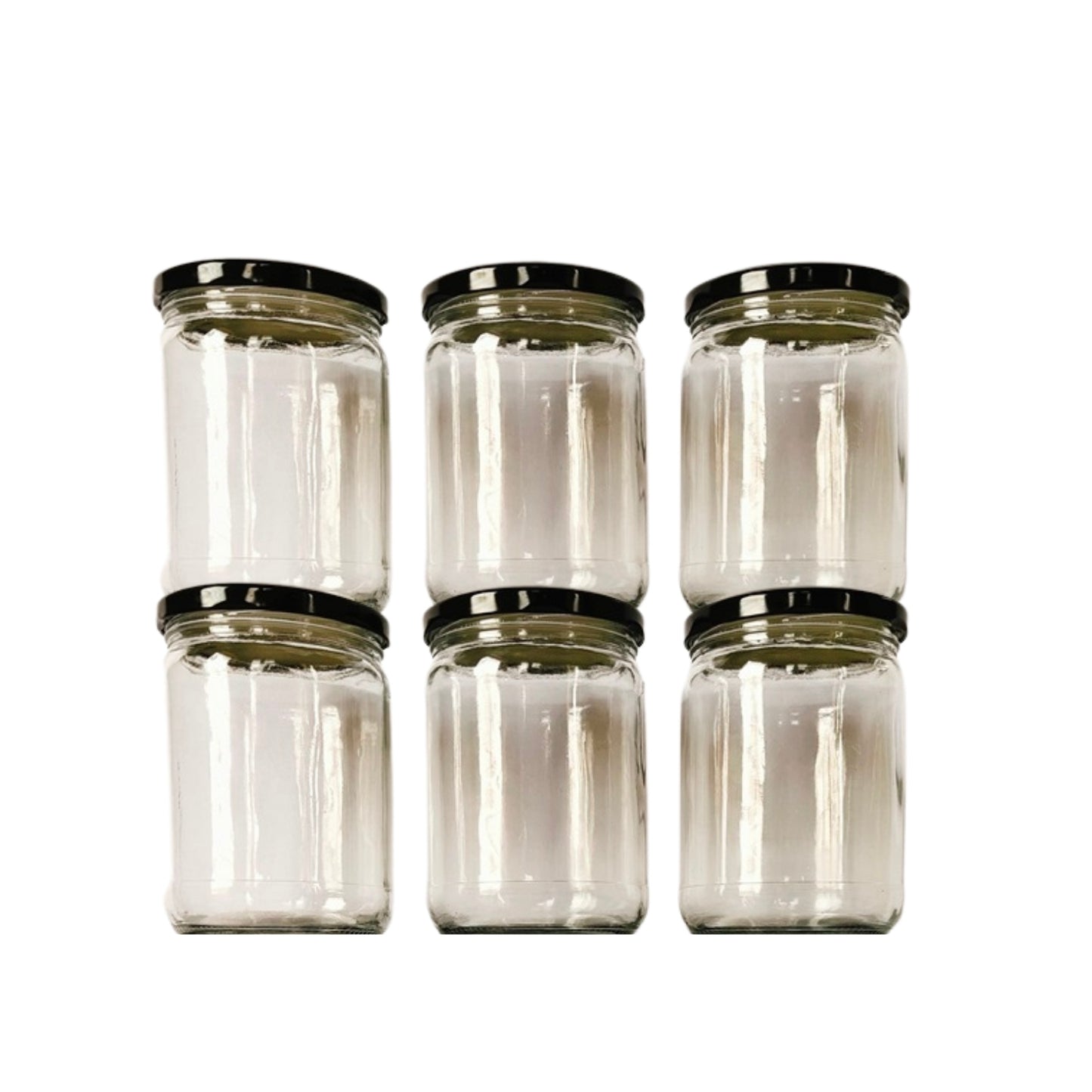 Glass Jars with Black cap front view set of 6