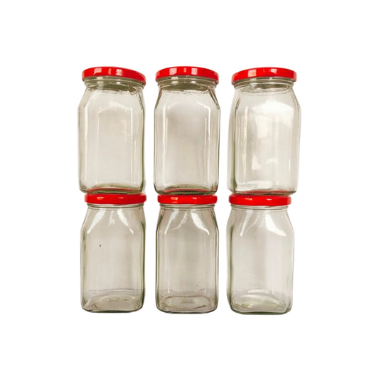 Glass Jars with Red Sqaure cap front view set of 6