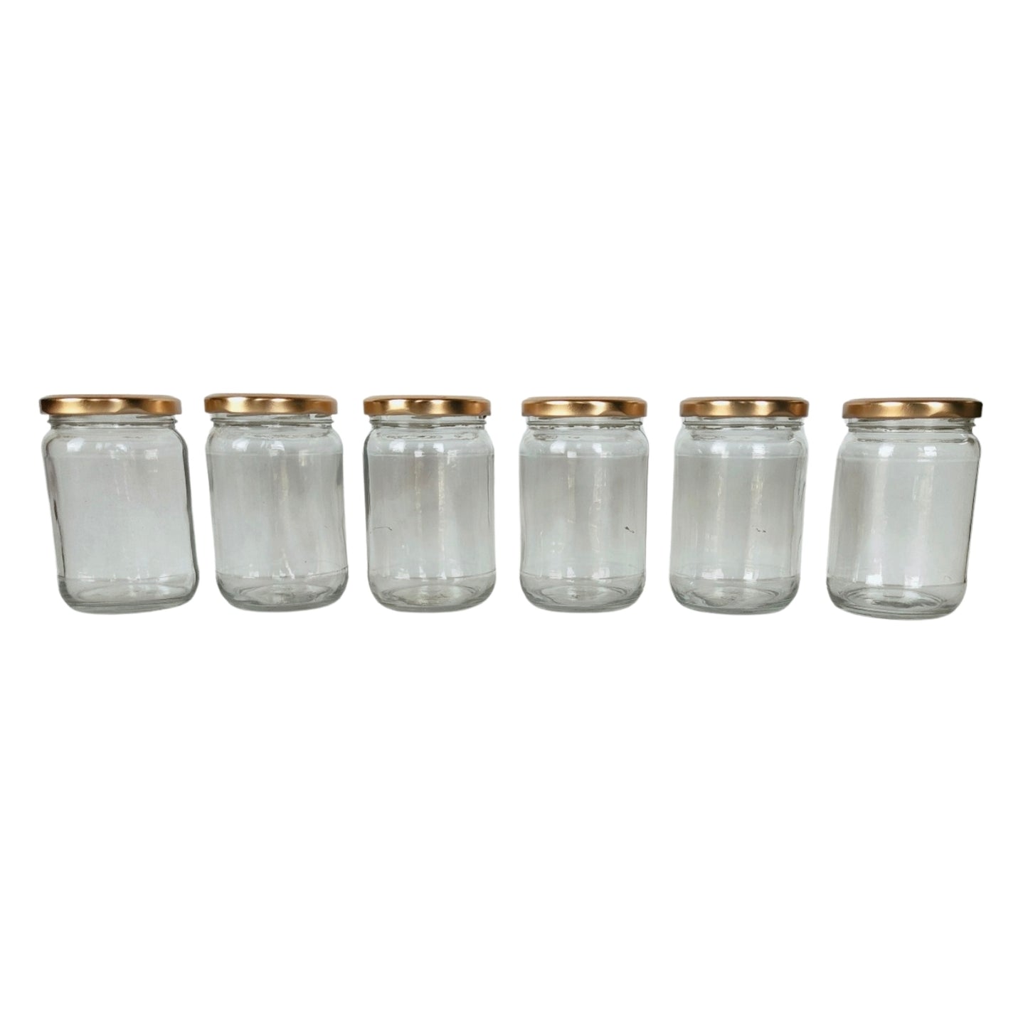 Glass Jars with Golden Round cap front view set of 6