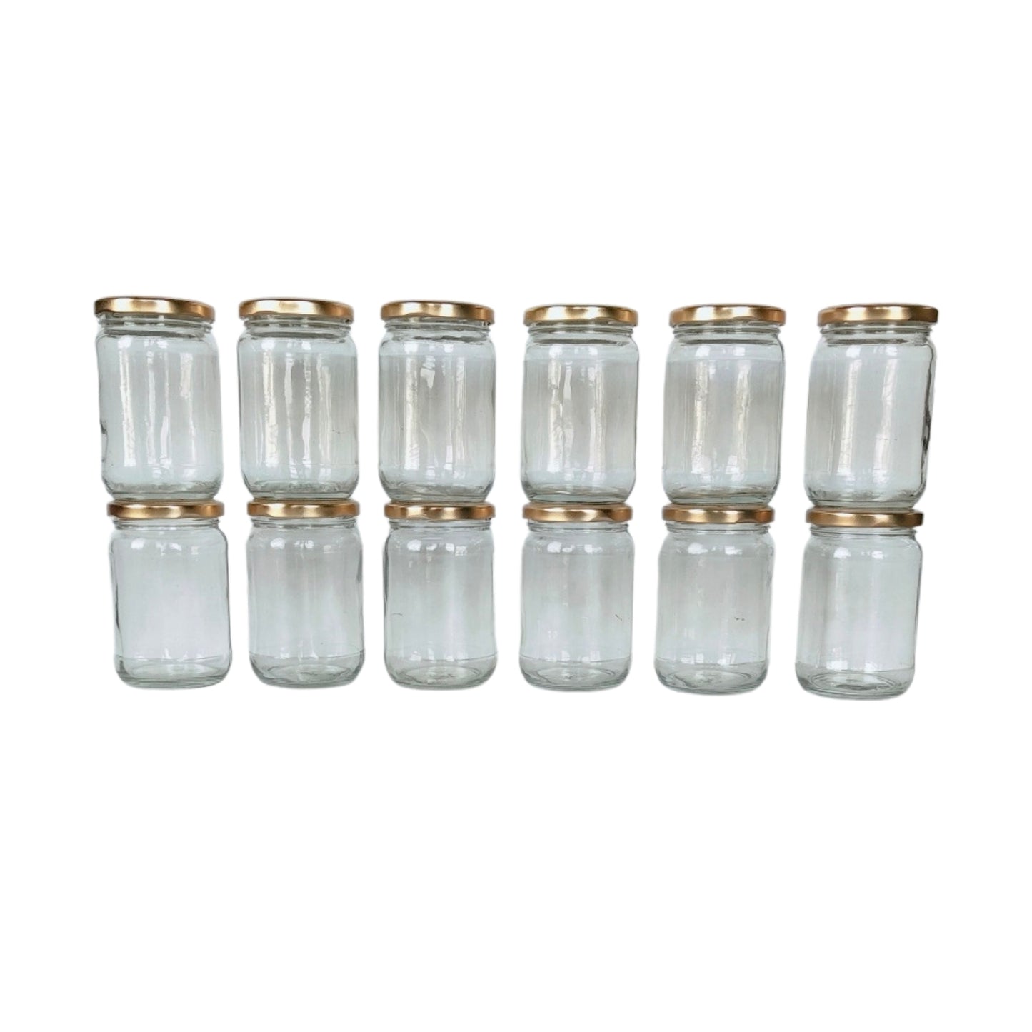 Glass Jars with Golden Round cap front view set of 12