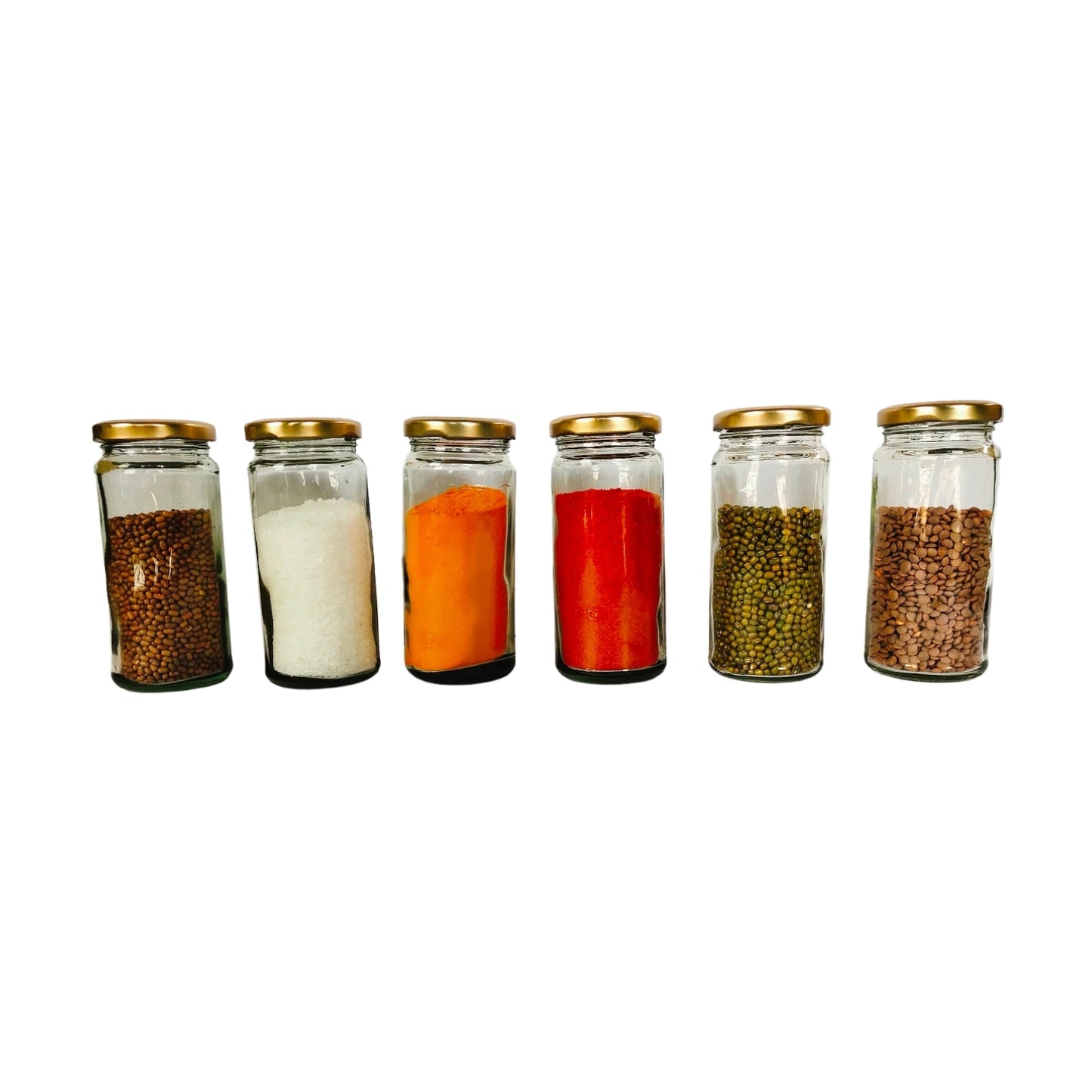 Long Glass Jars with Red Round cap front view set of 6