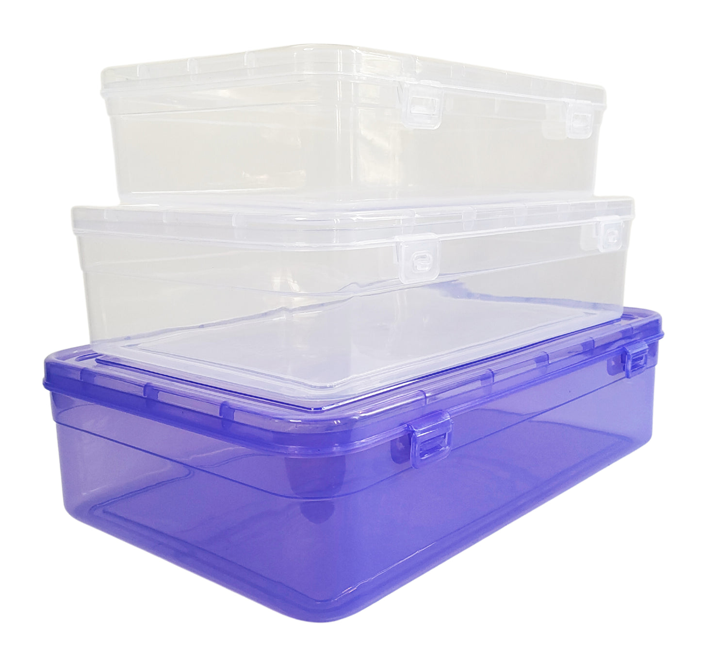 Purple & white Coloured Plastic Large Storage Box set of 3 small to large side view