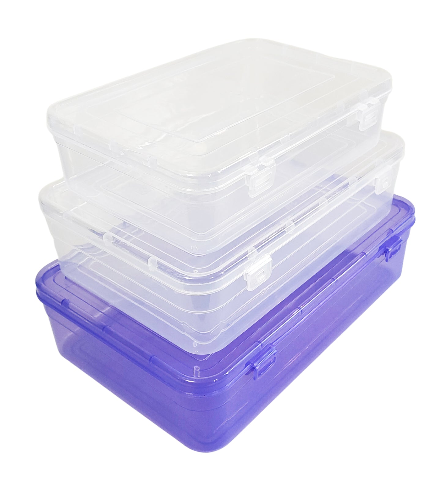 Purple & white Coloured Plastic Large Storage Box set of 3 small to large side & upper view