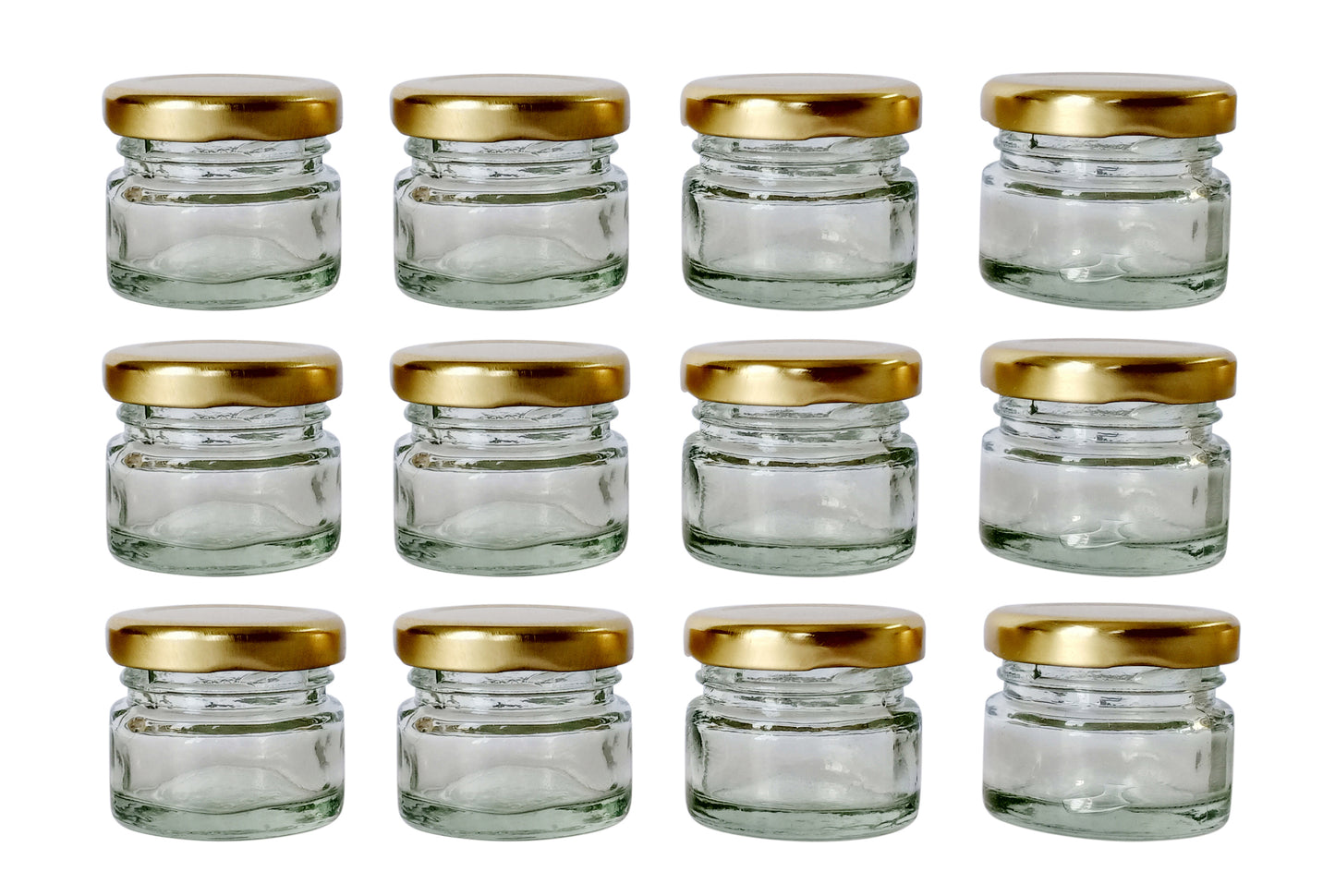 Glass Jars with golden cap set of 12 front view