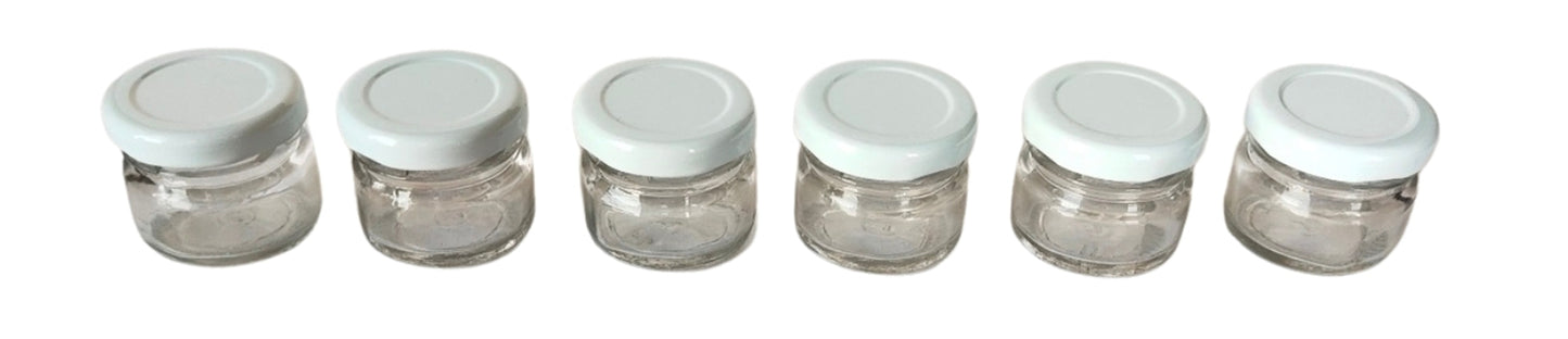 Glass Jars with white cap front & upper view set of 6