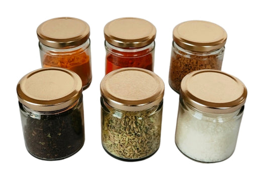 Short Glass Jars with Golden Round cap front & upper view set of 6
