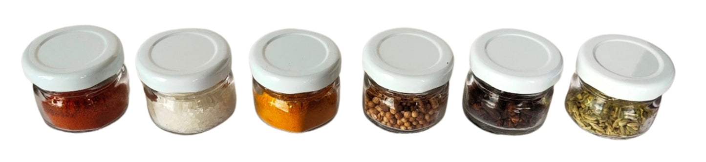 Glass Jars with white cap front & upper view set of 6