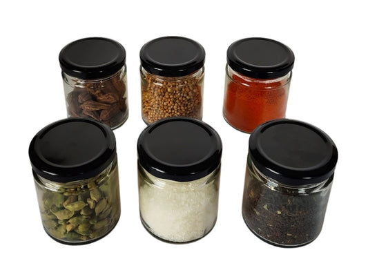Short Glass Jars with Black Round cap front & upper view set of 6