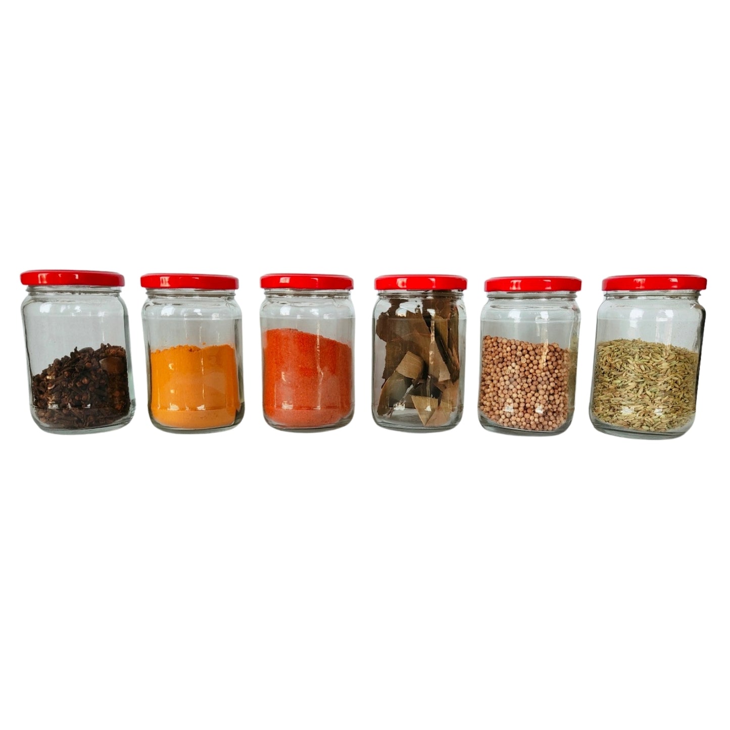 Glass Jars with Red Round cap front view set of 6