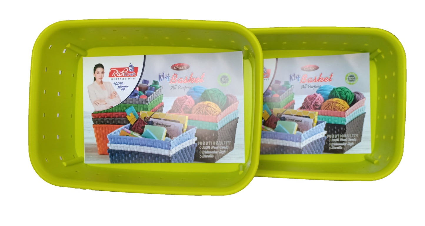 Plastic Checkered Small Storage Baskets Parrot Green Colour upper view set of 2