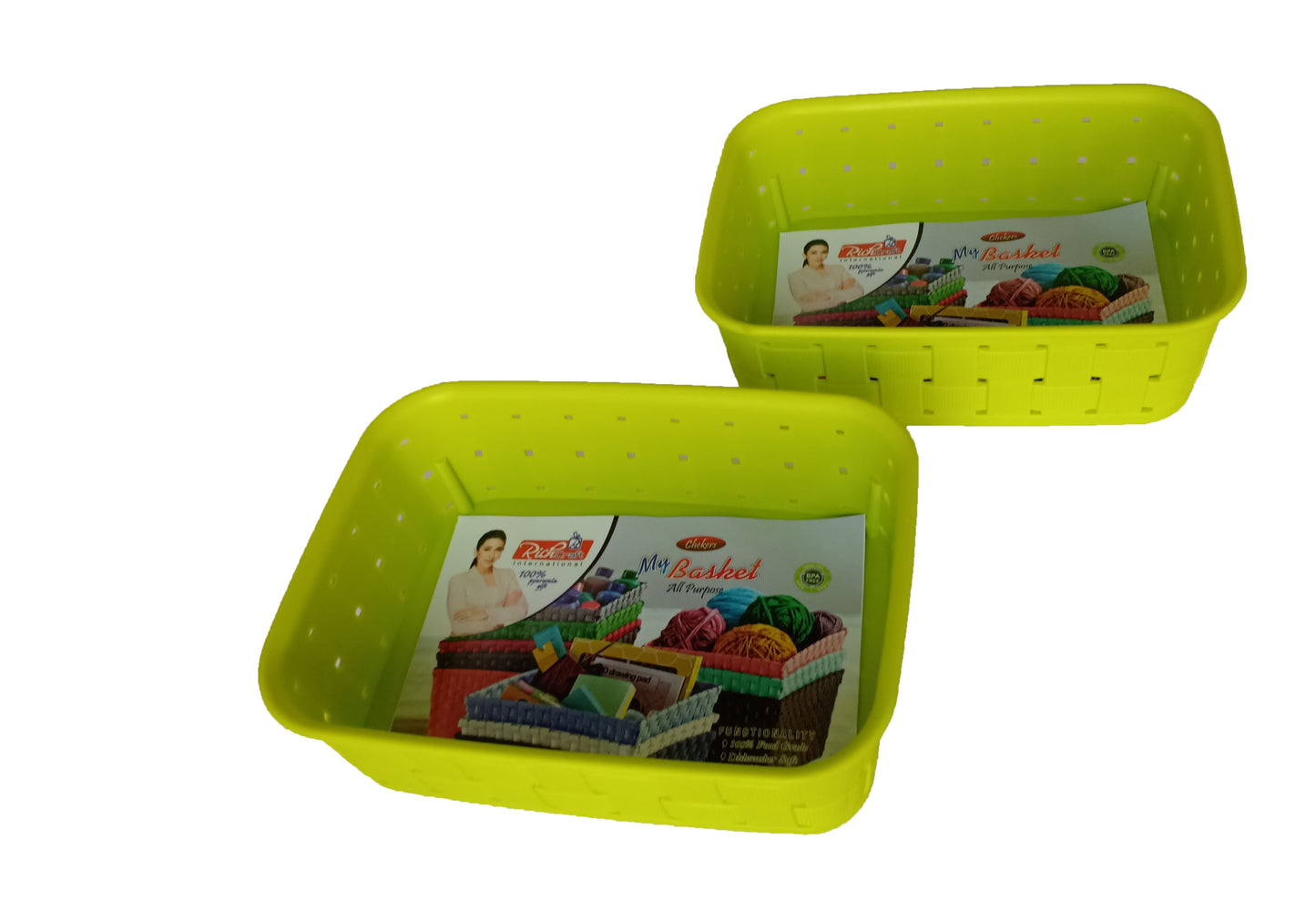 Plastic Checkered Small Storage Baskets Parrot Green Colour upper & side view set of 2
