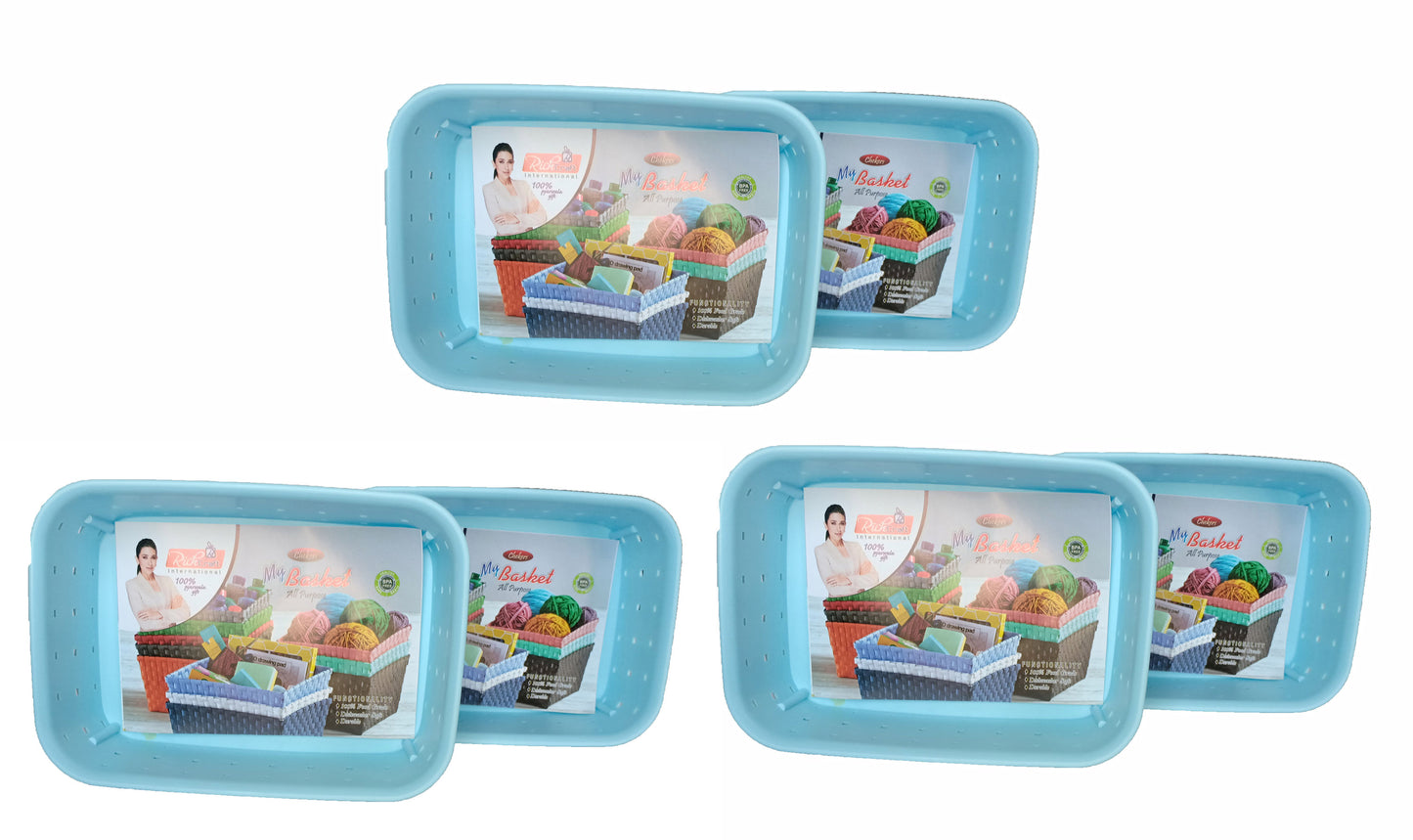 Plastic Checkered Small Storage Basket without lid Sky Blue Colour upper & side view set of 6