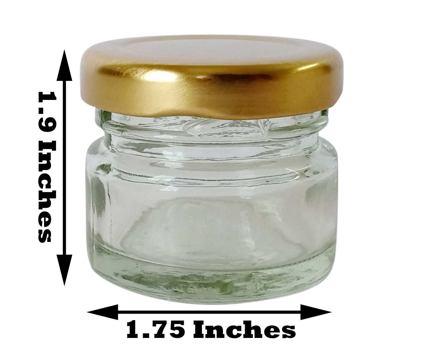 Glass Jars with golden cap front view wit sizes