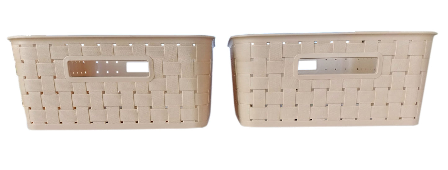 Plastic Checkered Large Storage Basket without lid Beige Colour side view set of 2