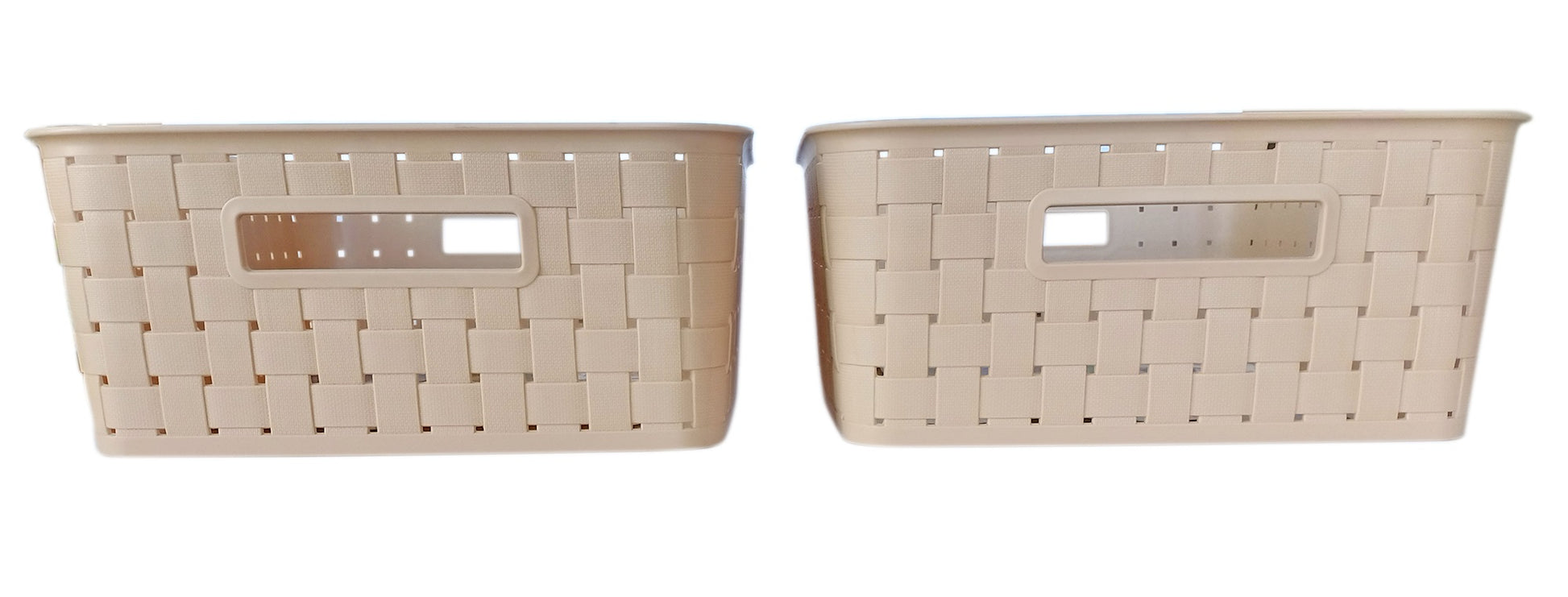 Plastic Checkered Large Storage Basket without lid Beige Colour side view set of 2