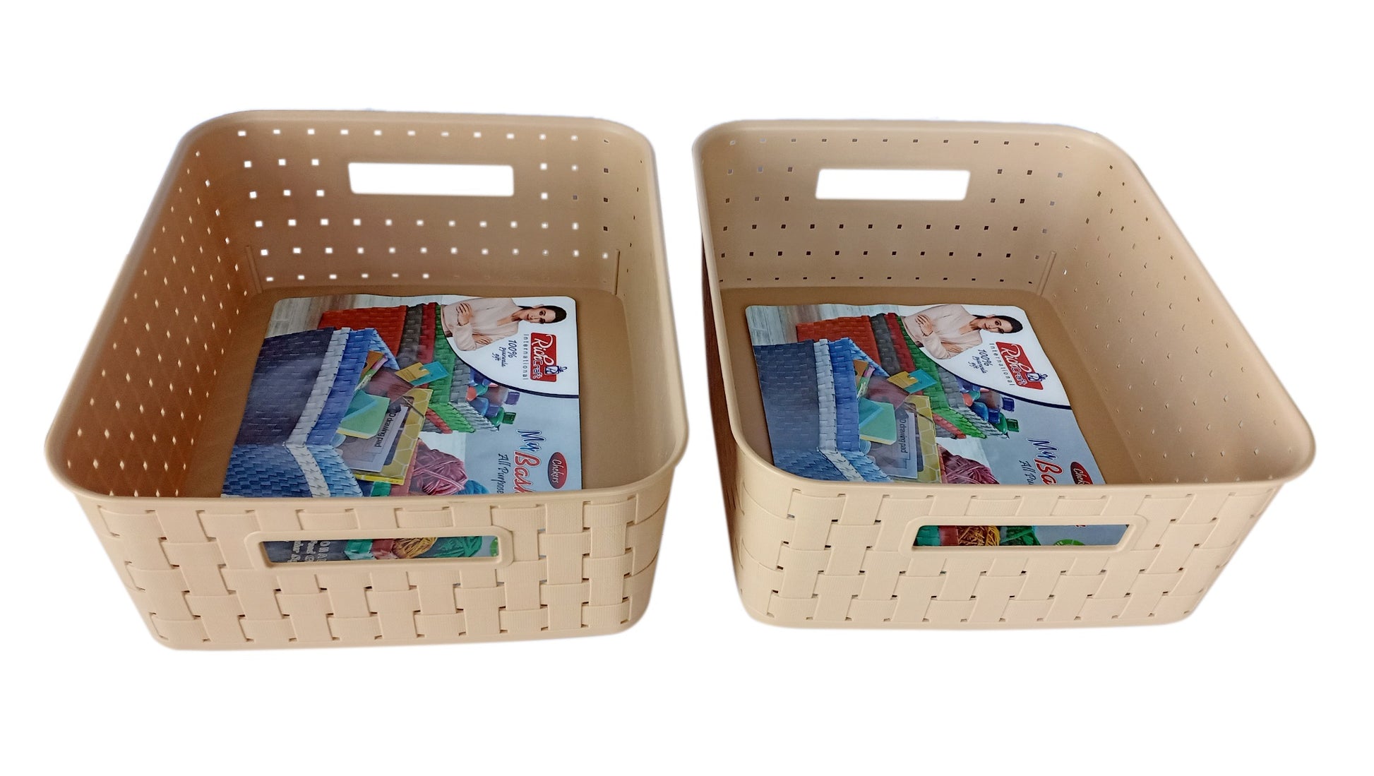 Plastic Checkered Large Storage Basket without lid Beige Colour upper view set of 2