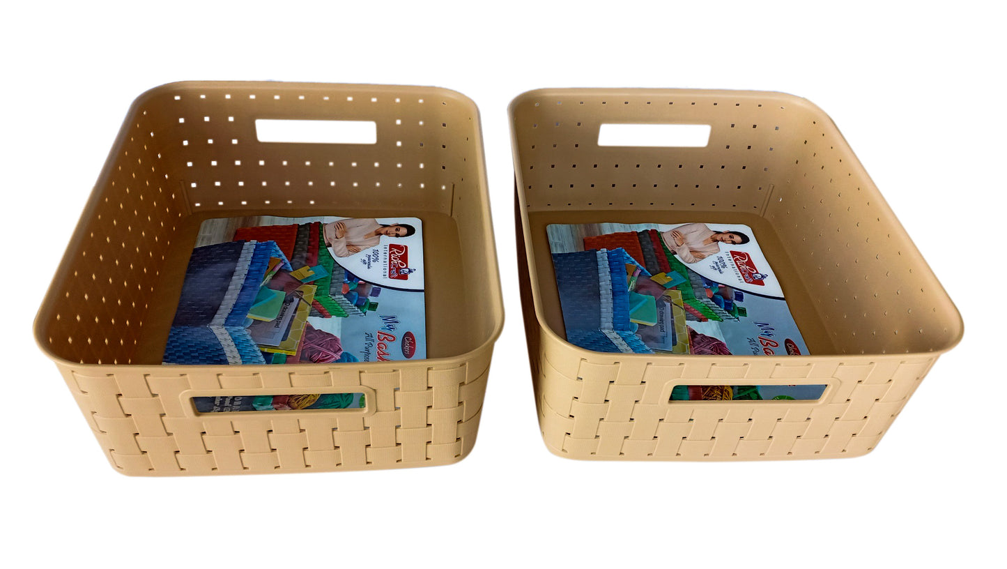 Plastic Checkered Large Storage Basket without lid Beige Colour upper view set of 2