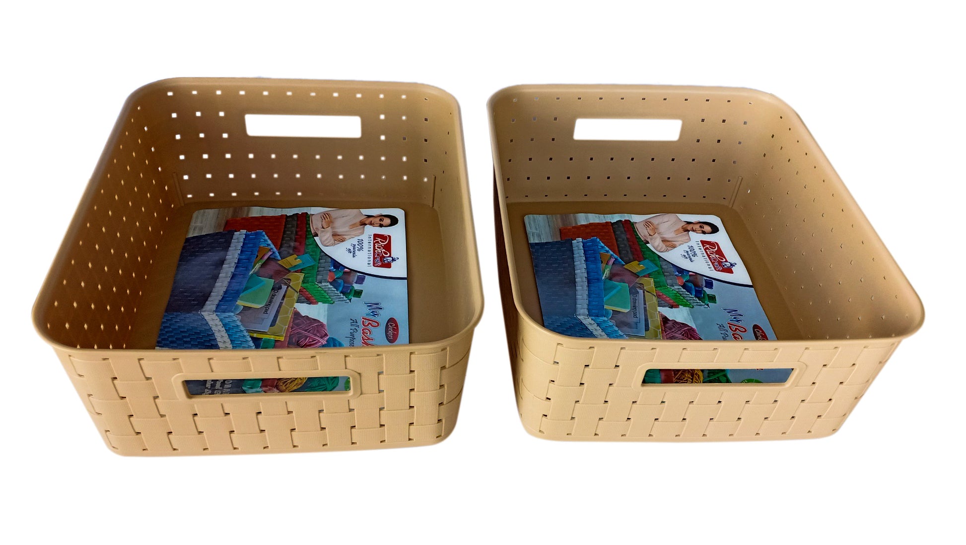 Plastic Checkered Large Storage Basket without lid Beige Colour upper view set of 2