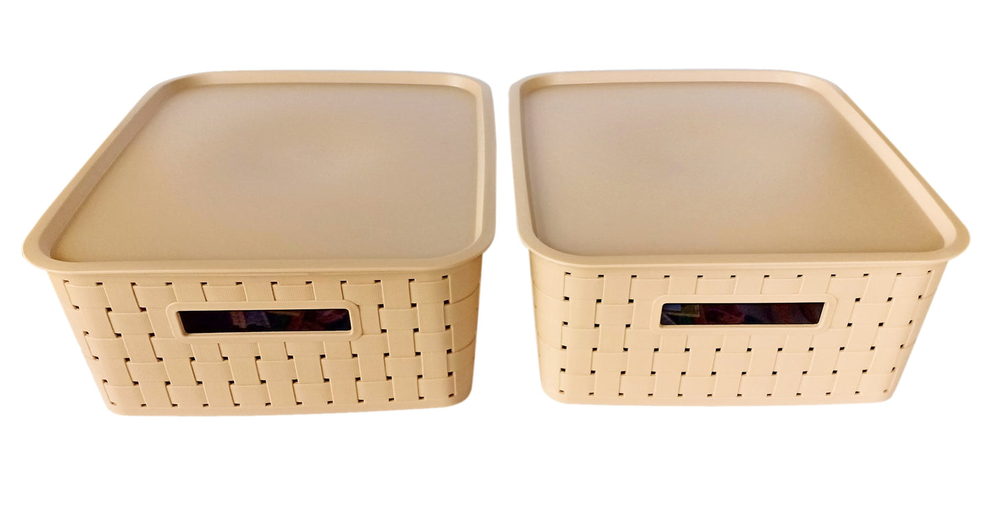 Plastic Checkered Large Storage Basket with lid Beige Colour side & upper view set of 2