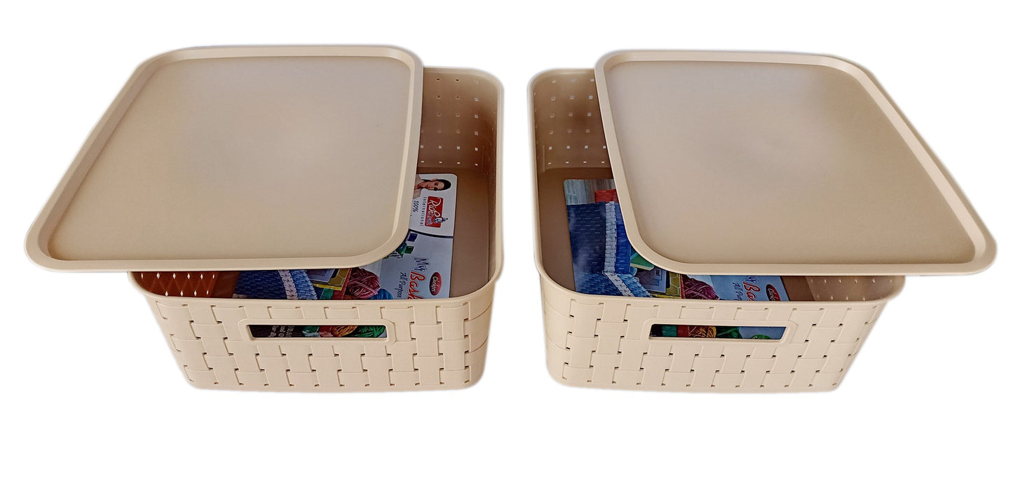 Plastic Checkered Large Storage Basket with lid Beige Colour side & upper view set of 2