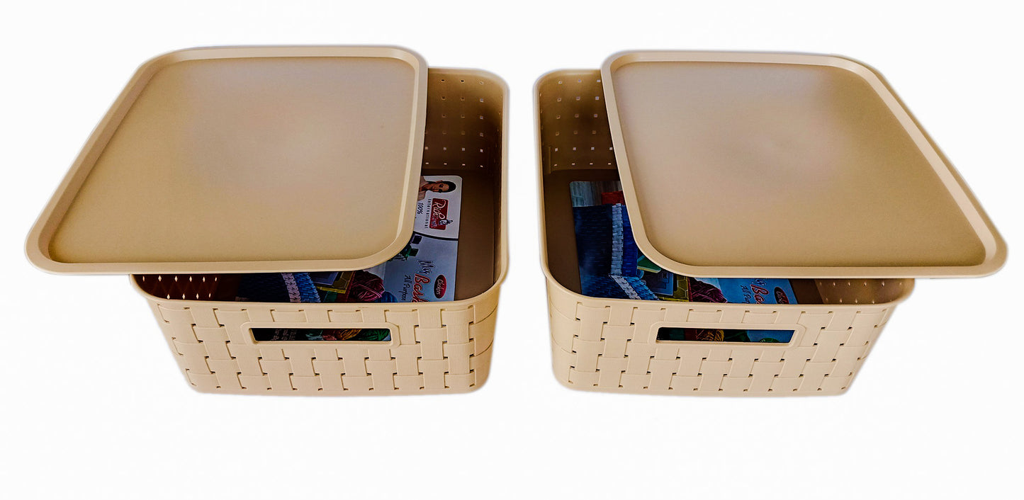 Plastic Checkered Large Storage Basket with lid Beige Colour side & upper view set of 2