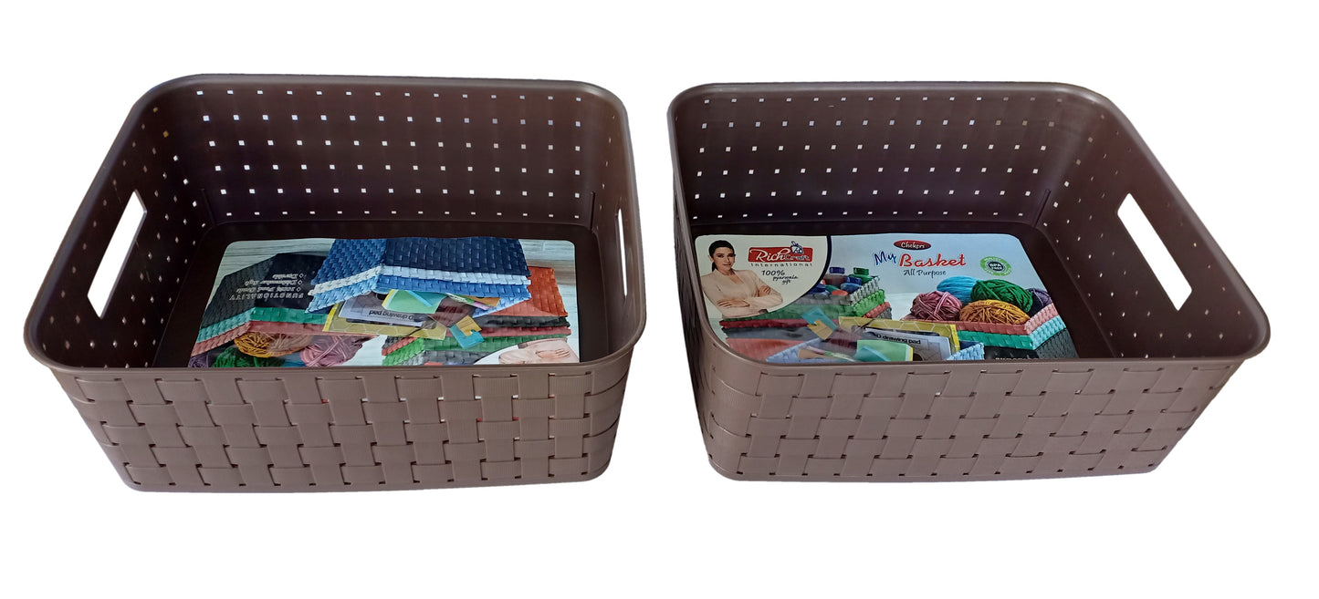 Plastic Checkered Large Storage Baskets without lid Chocolate Brown Colour front & upper view set of 2
