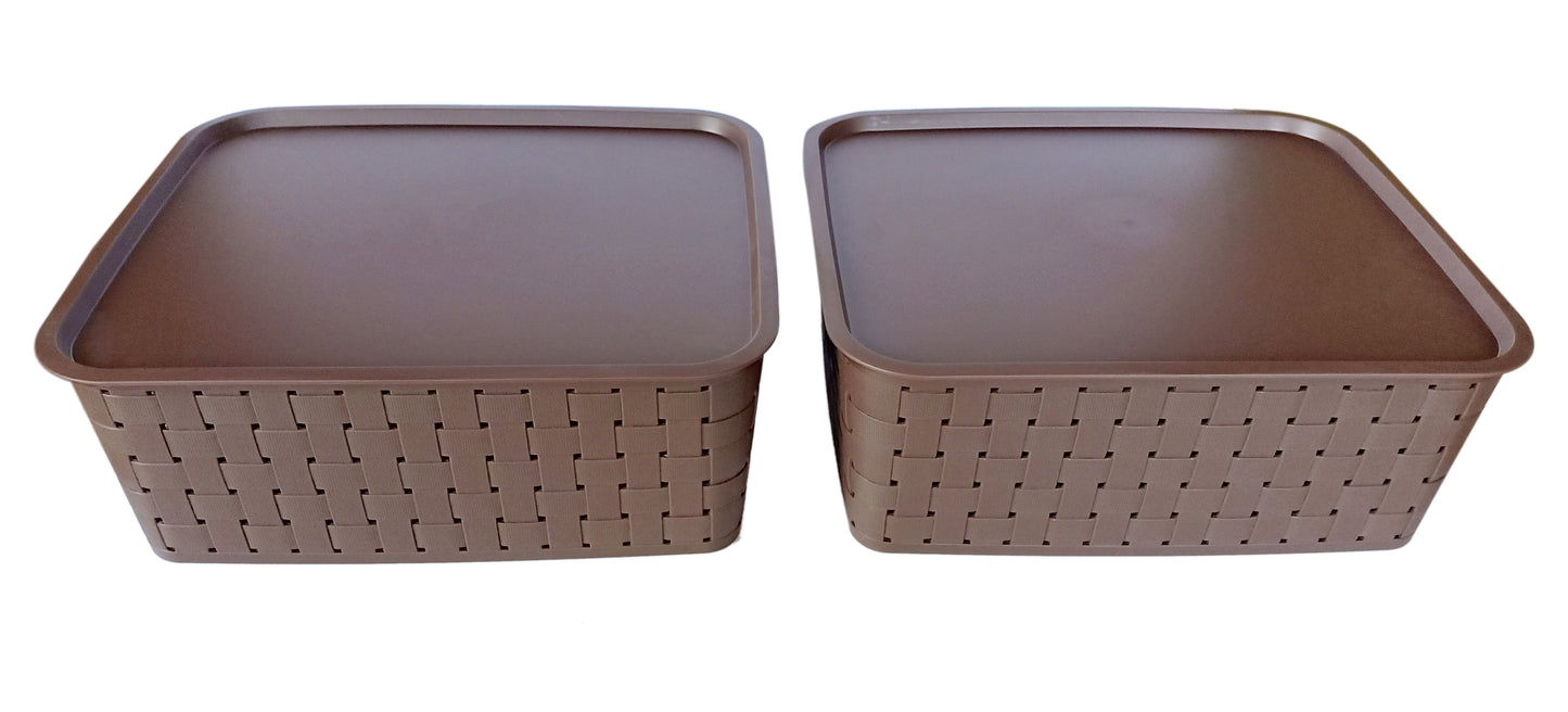 Plastic Checkered Large Storage Baskets with lid Chocolate Brown Side & upper view set of 2