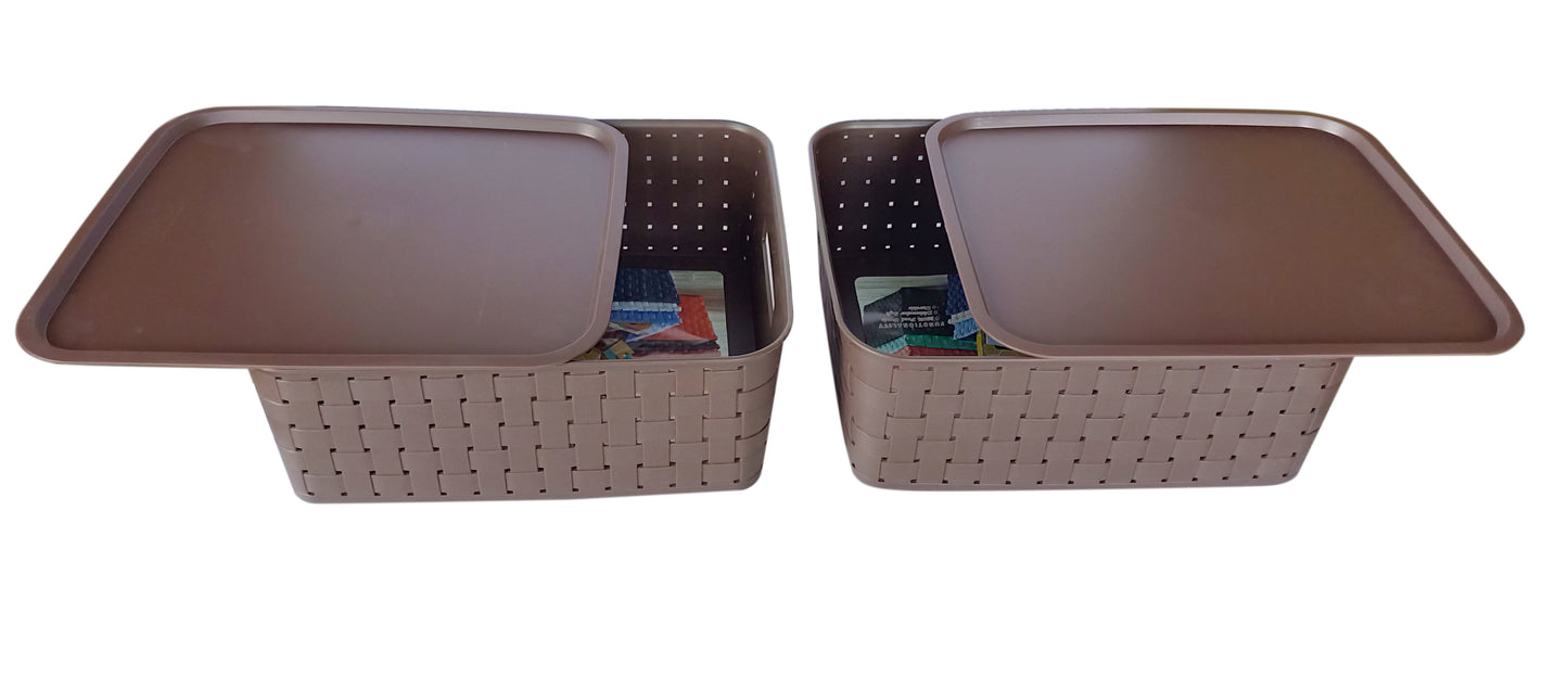 Plastic Checkered Large Storage Baskets Chocolate Brown Colour Size 35 x 30 x 13 cm with lid