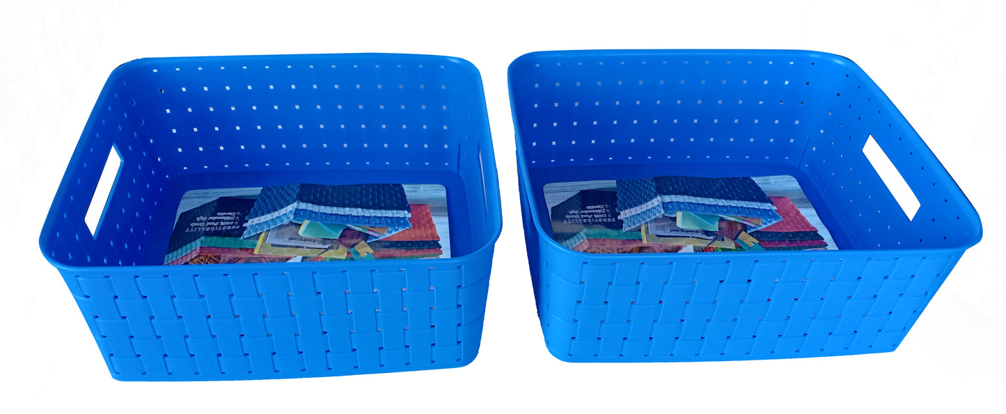 Plastic Checkered Large Storage Baskets without lid Ocean Blue Colour front & upper view set of 2