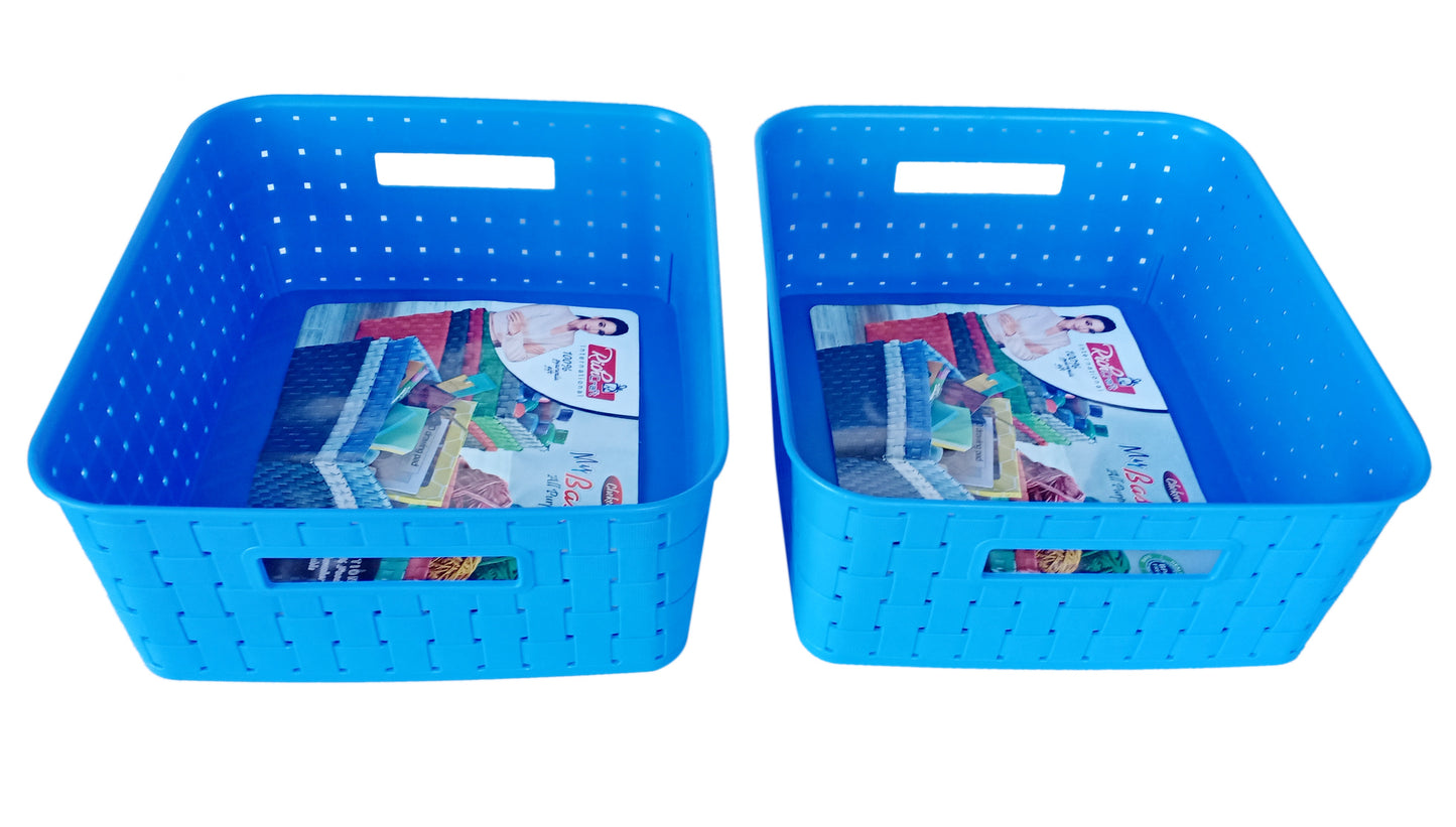 Plastic Checkered Large Storage Baskets without lid Ocean Blue Colour side & upper view set of 2