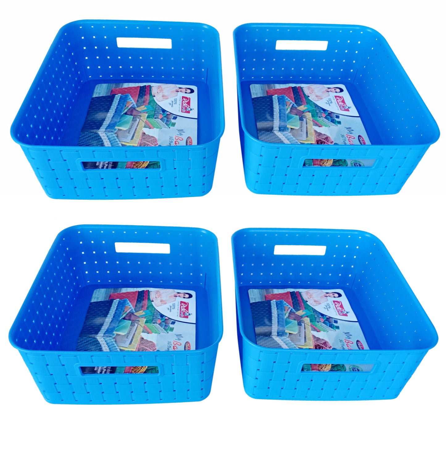 Plastic Checkered Large Storage Baskets without lid Ocean Blue Colour side & upper view set of 4