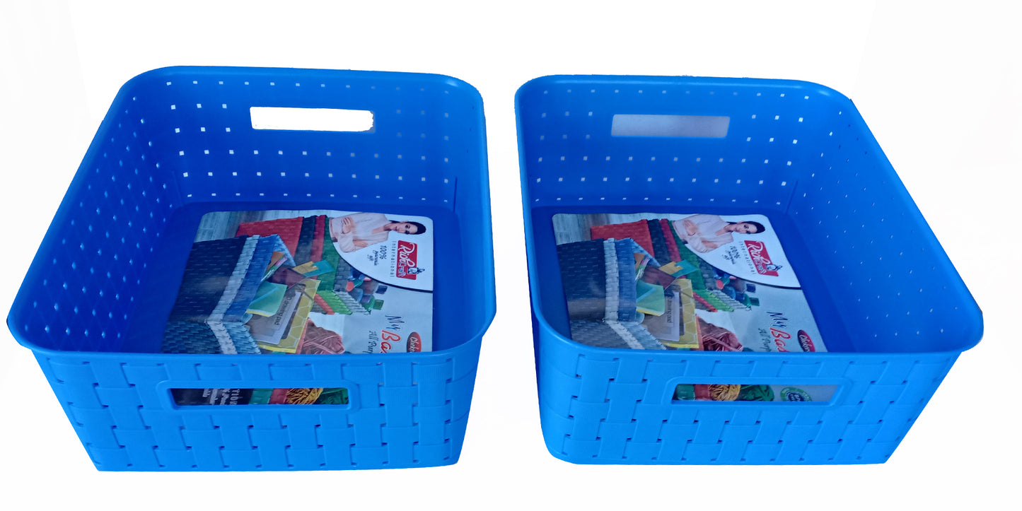 Plastic Checkered Large Storage Basket with lid Ocean Blue Colour upper view set of 2