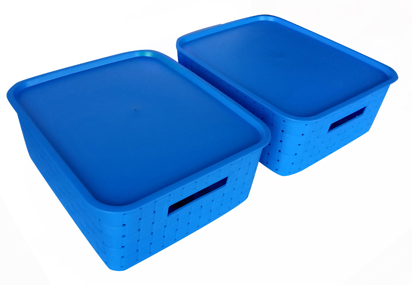 Plastic Checkered Large Storage Basket with lid Ocean Blue Colour side & upper view set of 2