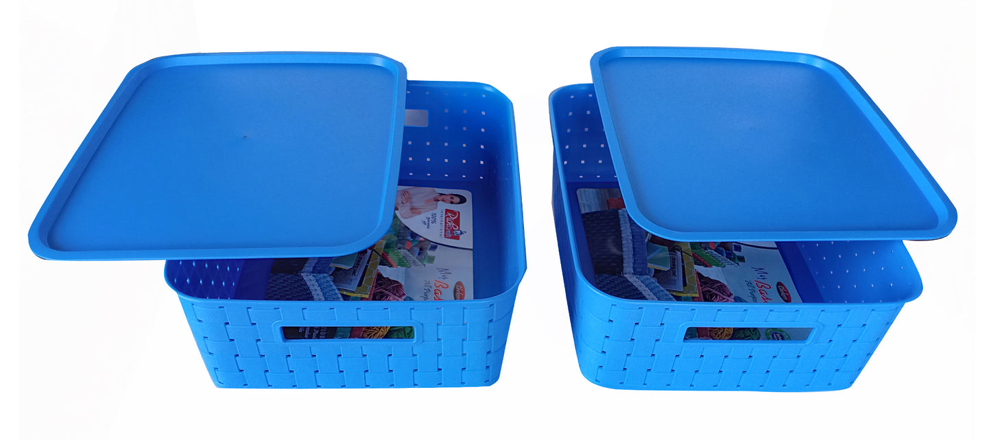 Plastic Checkered Large Storage Basket with lid Ocean Blue Colour side & upper view set of 2