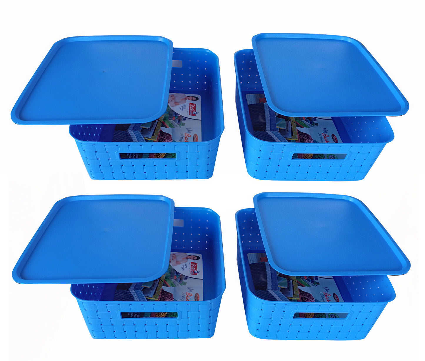 Plastic Checkered Large Storage Basket with lid Ocean Blue Colour upper & side view set of 4