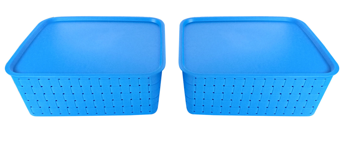 Plastic Checkered Large Storage Basket with lid Ocean Blue Colour upper & side view set of 2