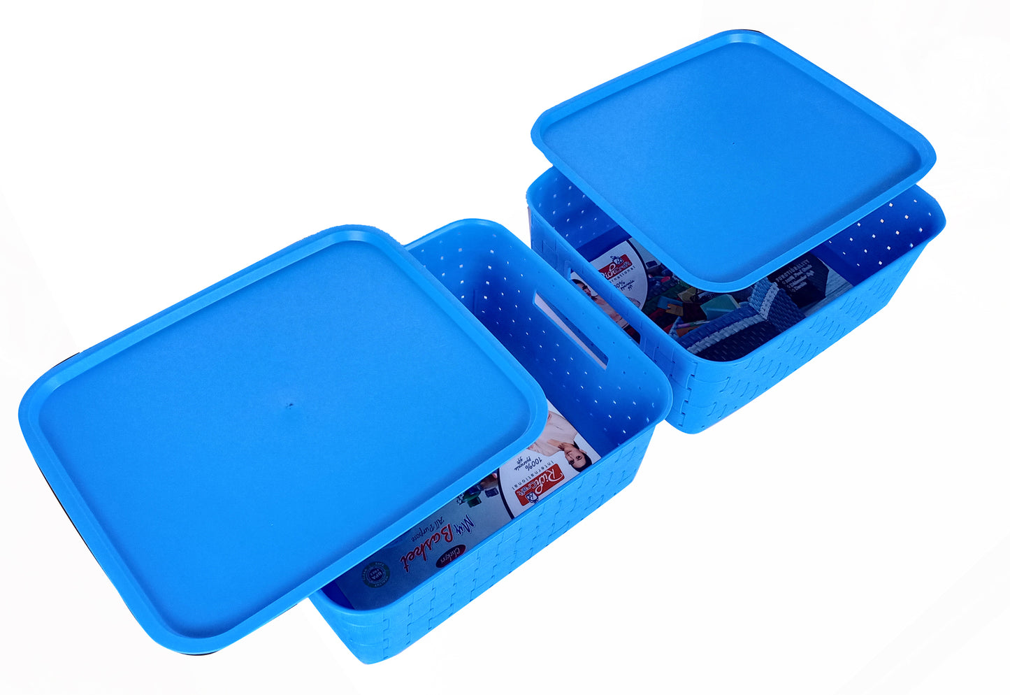 Plastic Checkered Large Storage Baskets Ocean Blue Colour Size 35 x 30 x 13 cm with lid