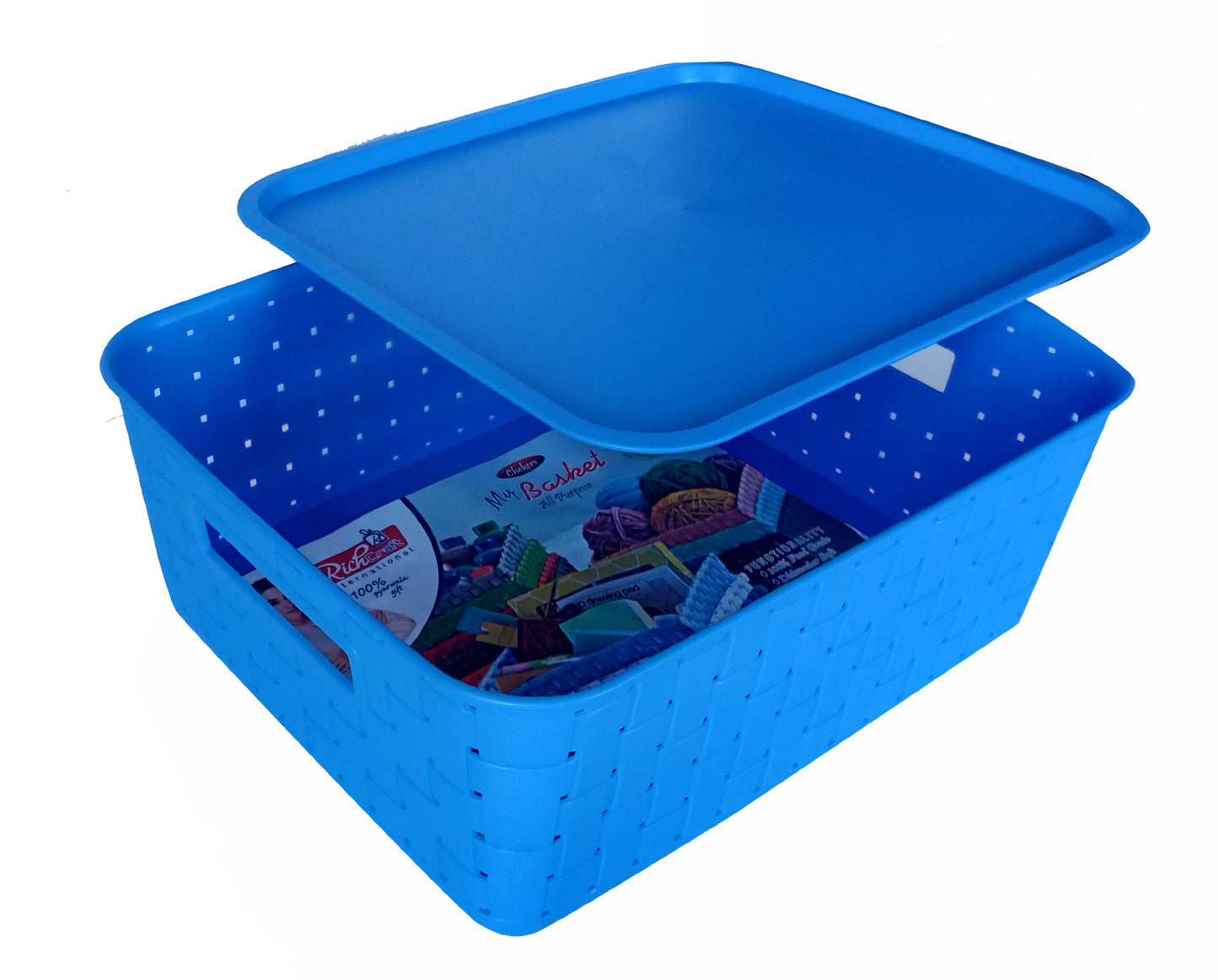 Plastic Checkered Large Storage Basket with lid Ocean Blue Colour side & upper size