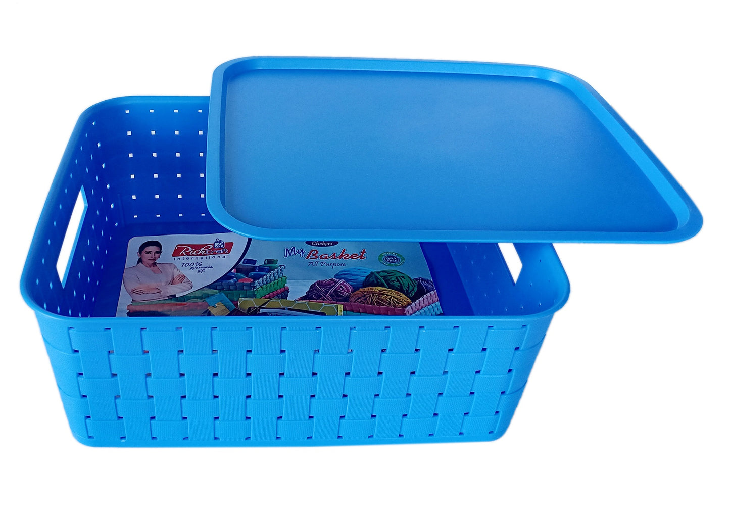 Plastic Checkered Large Storage Baskets Ocean Blue Colour Size 35 x 30 x 13 cm with lid