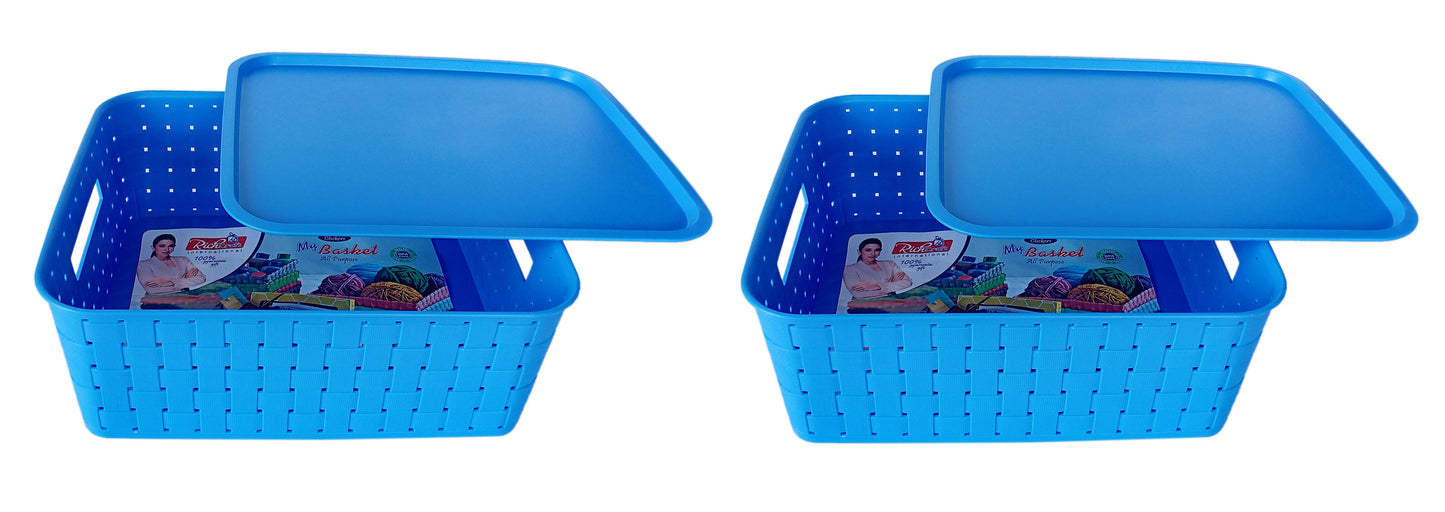 Plastic Checkered Large Storage Basket with lid Ocean Blue Colour front view set of 2