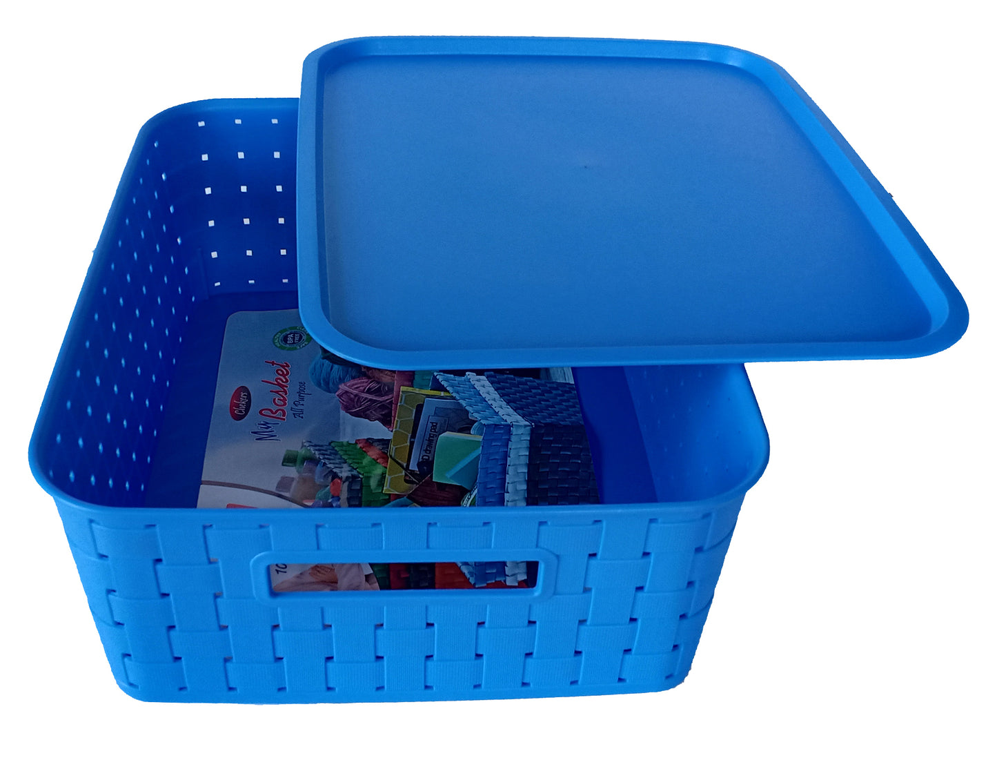 Plastic Checkered Large Storage Basket with lid Ocean Blue Colour side & upper view