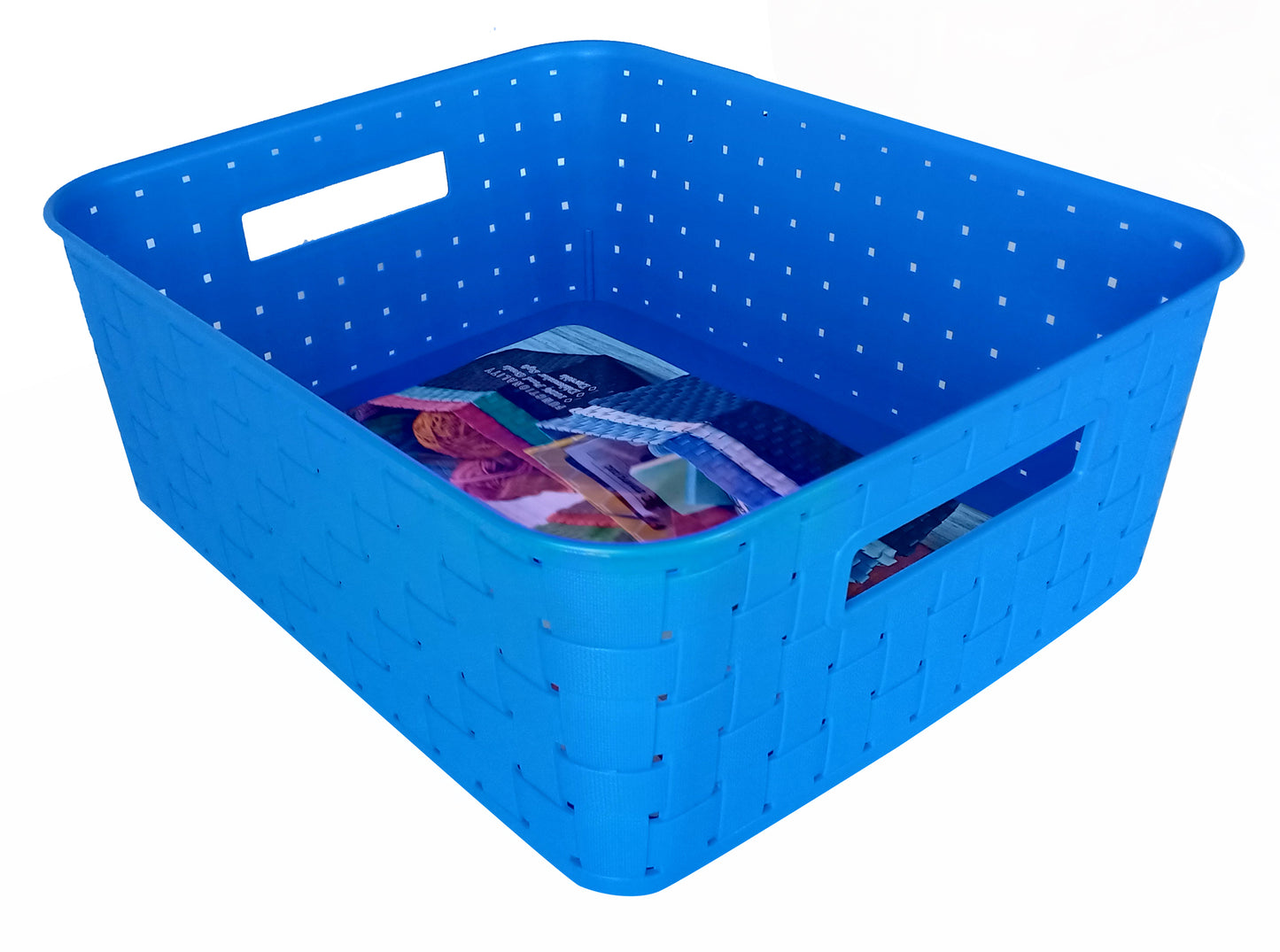 Plastic Checkered Large Storage Baskets without lid Ocean Blue Colour side & upper view