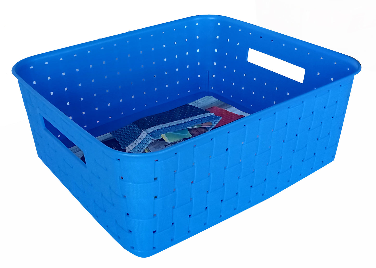 Plastic Checkered Large Storage Baskets without lid Ocean Blue Colour side & upper view