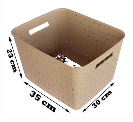 Plastic Checkered Extra Large Storage Baskets Beige Colour side & upper view showing sizes