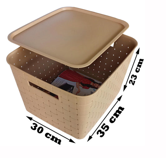 Plastic Checkered Extra Large Storage Baskets Beige Colour side & upper view with lid showing Basket size