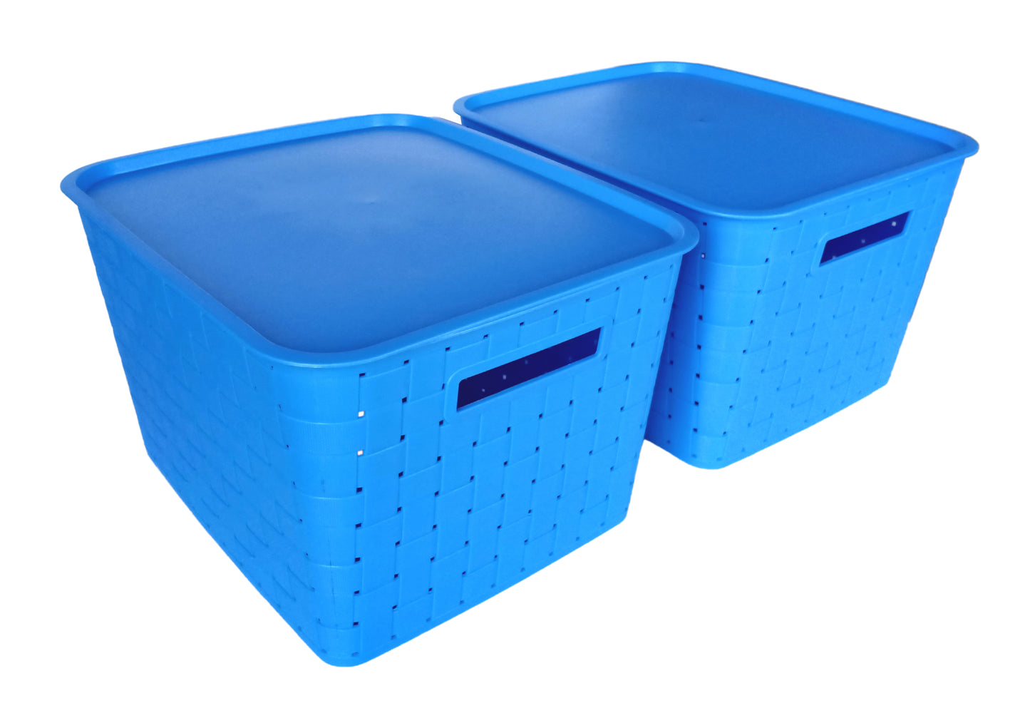 Plastic Checkered Extra Large Storage Baskets with lid Ocean Blue Colour upper & side view set of 2